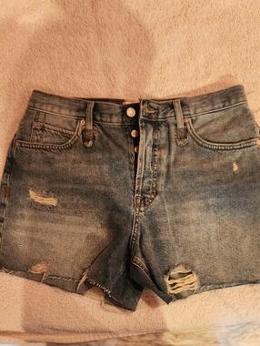 Free People Distressed Denim Button-Fly Shorts - Blue
